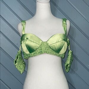 Aliette Square Neckline Short Sleeve Green Satin Crop Top